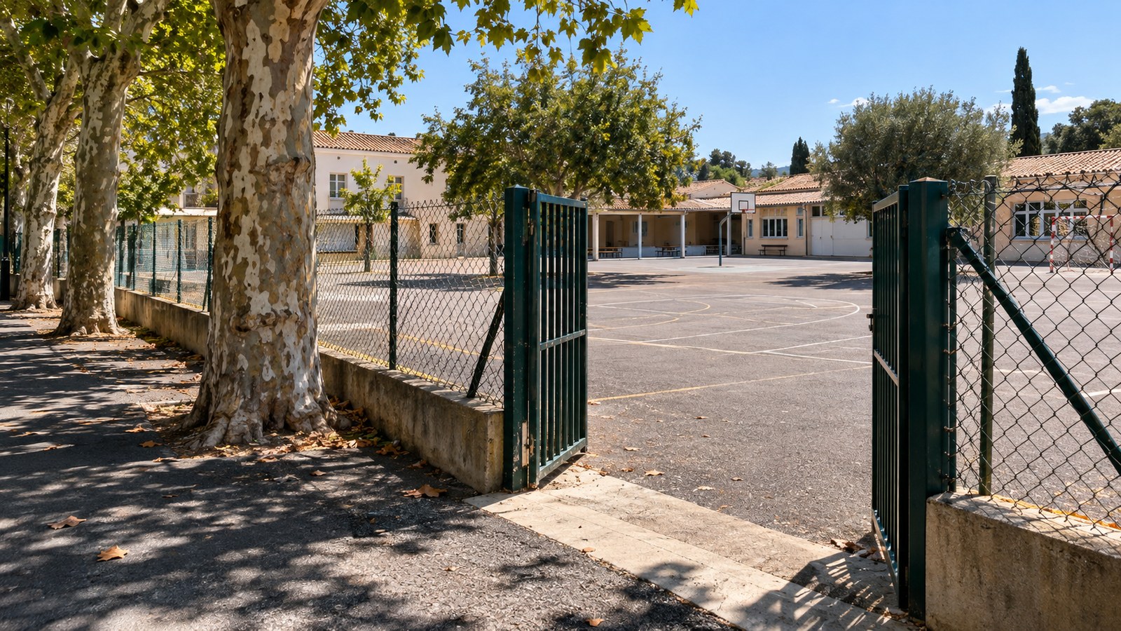 Portail ouvert dans la clôture d'une école élémentaire donnant sur une cour de récréation