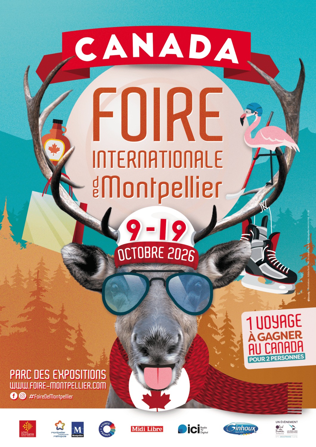 Affiche officielle de la 77e Foire internationale de Montpellier, du 9 au 19 octobre 2026, avec le Canada à l'honneur