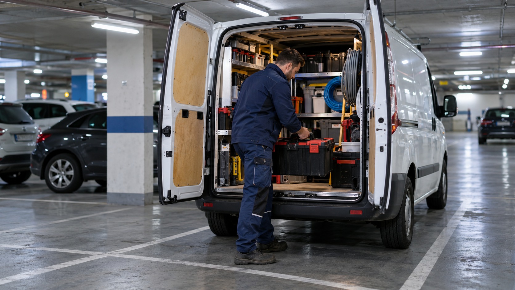 Fourgon utilitaire d'artisan garé dans un parking souterrain, portes arrière ouvertes sur des caisses à outils