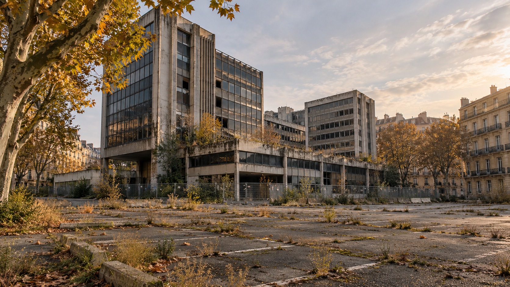 Immeubles de bureaux vides et grillagés sur la friche Groupama, place Chaptal à Montpellier