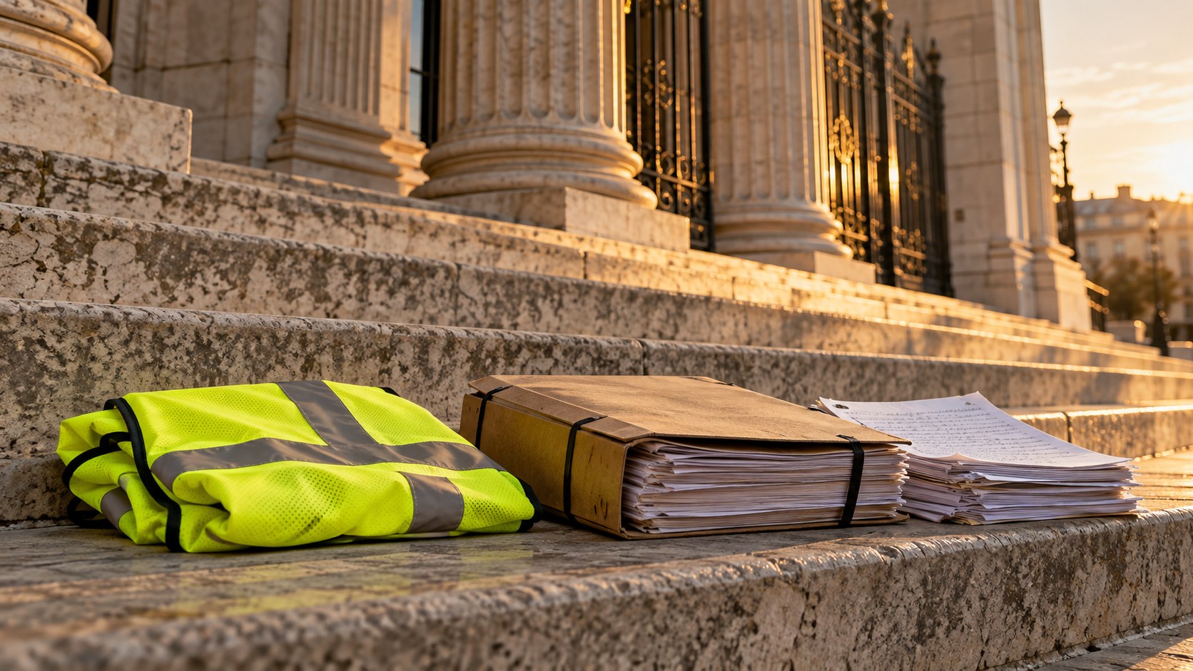 Gilet jaune plie et dossier judiciaire poses sur les marches d'un palais de justice