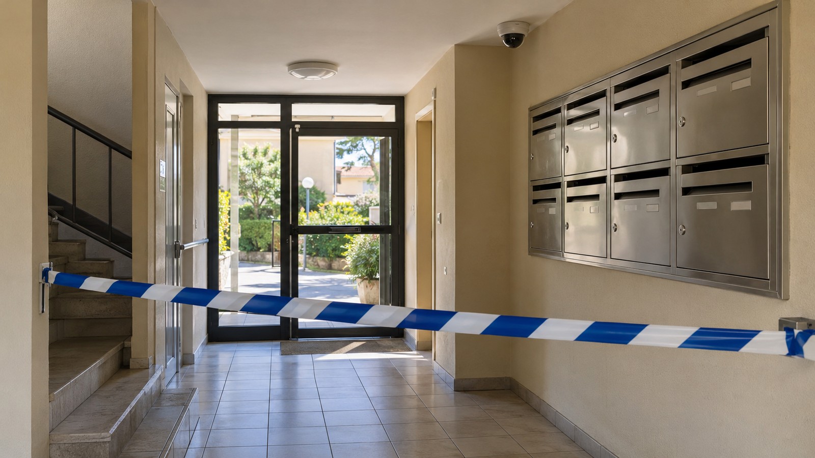 Hall d'entrée d'un petit immeuble barré par un ruban de police