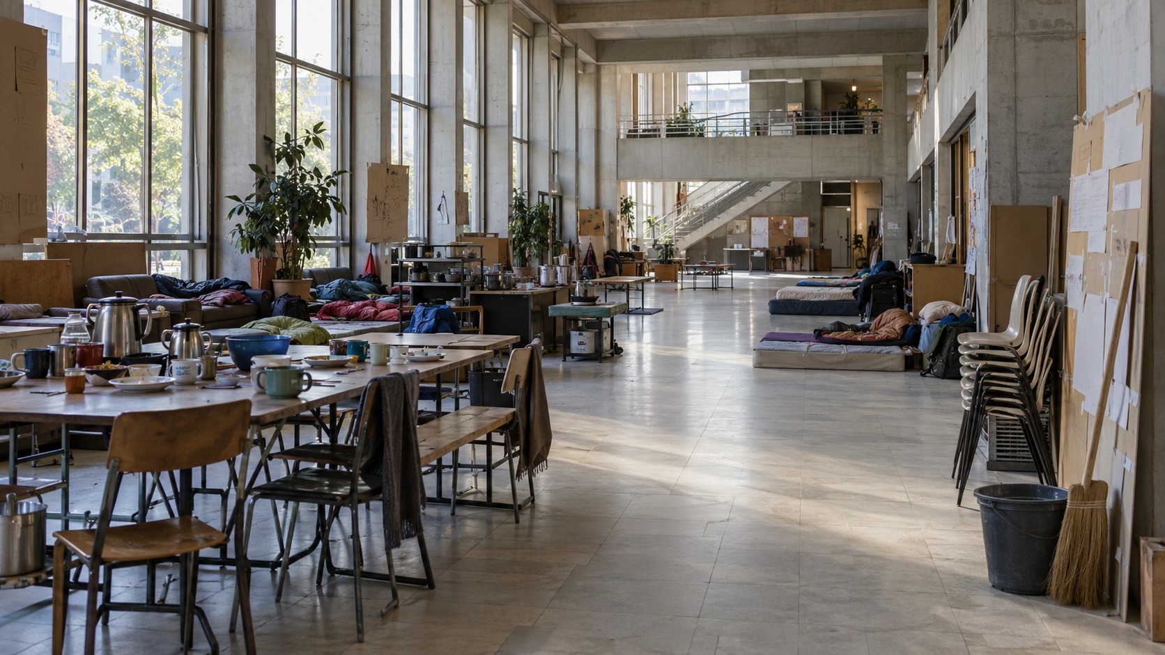 Hall d'un bâtiment universitaire occupé, matelas au sol et cantine improvisée