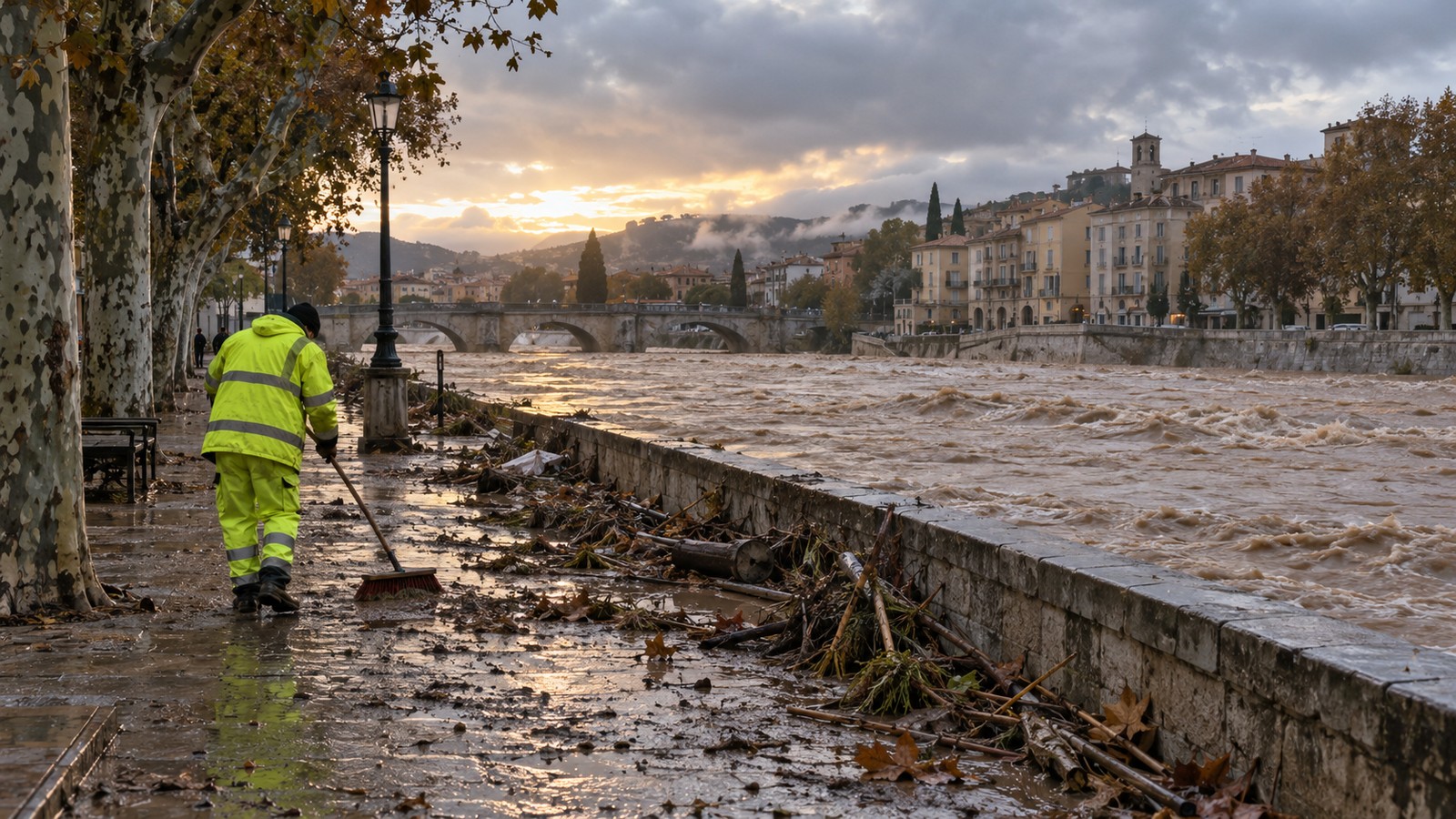 Agent municipal nettoyant un quai jonché de boue et de branches au bord d'une rivière en crue