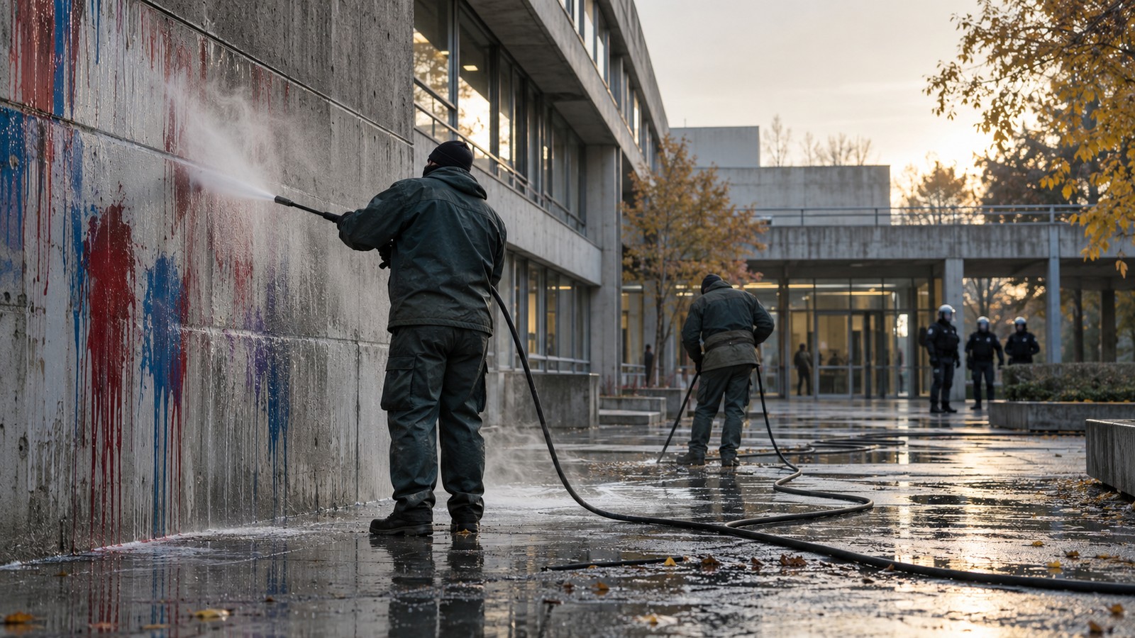 Agents nettoyant au jet haute pression un mur de batiment universitaire couvert de peinture, policiers en arriere-plan