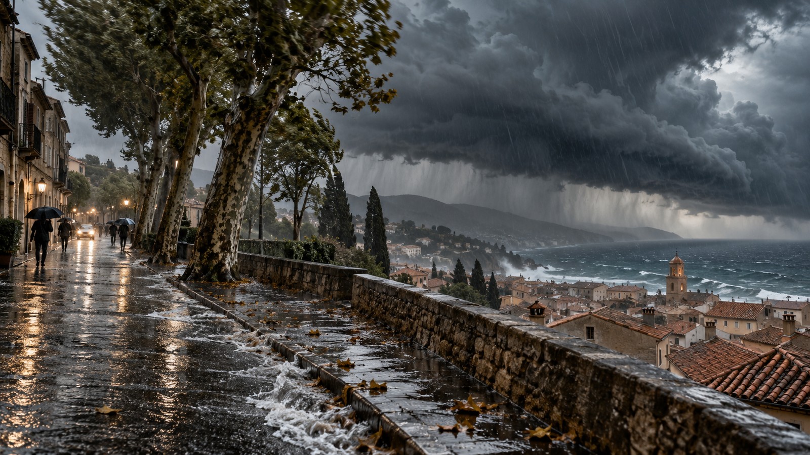 Orage méditerranéen et pluie battante sur une ville du sud de la France
