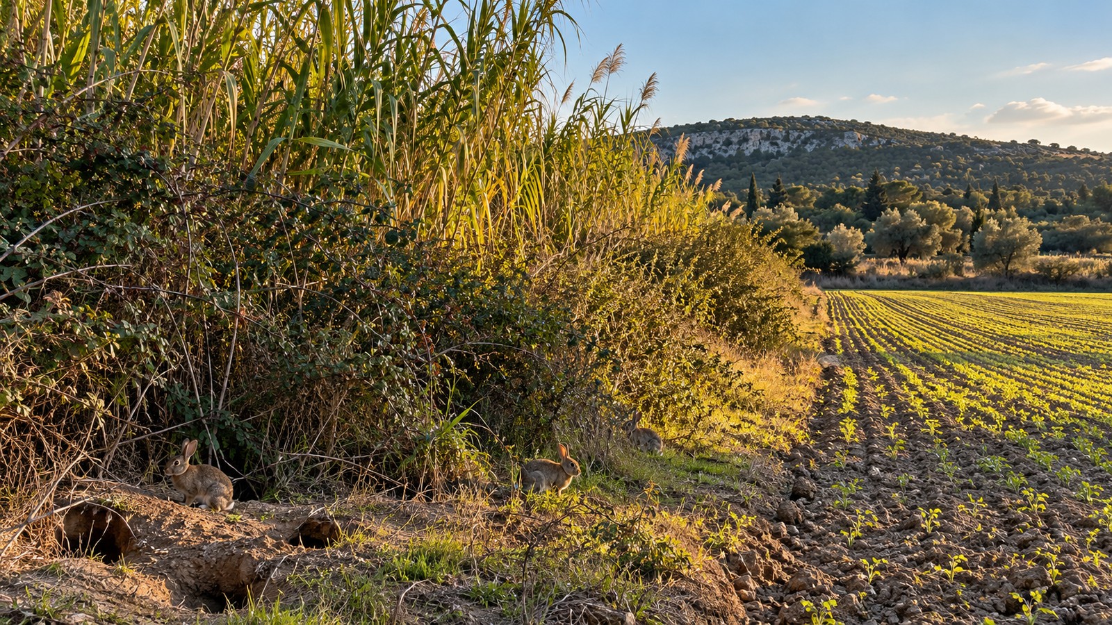 Parcelle embroussaillée de ronciers et de cannes de Provence en bordure d'un champ cultivé, avec des lapins de garenne et des terriers, dans l'est de l'Hérault