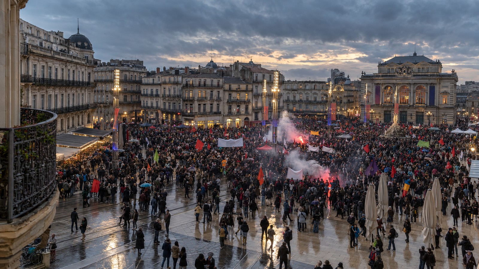 Foule de manifestants sur la place de la Comédie à Montpellier