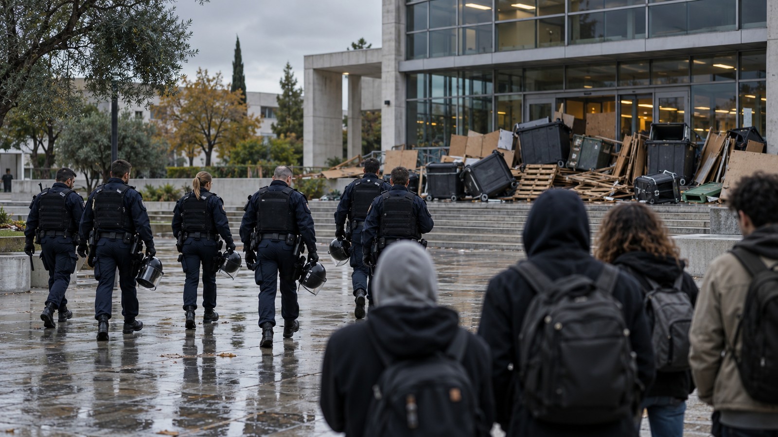 Policiers traversant le parvis d'un campus universitaire devant une entree barricadee de conteneurs et de palettes