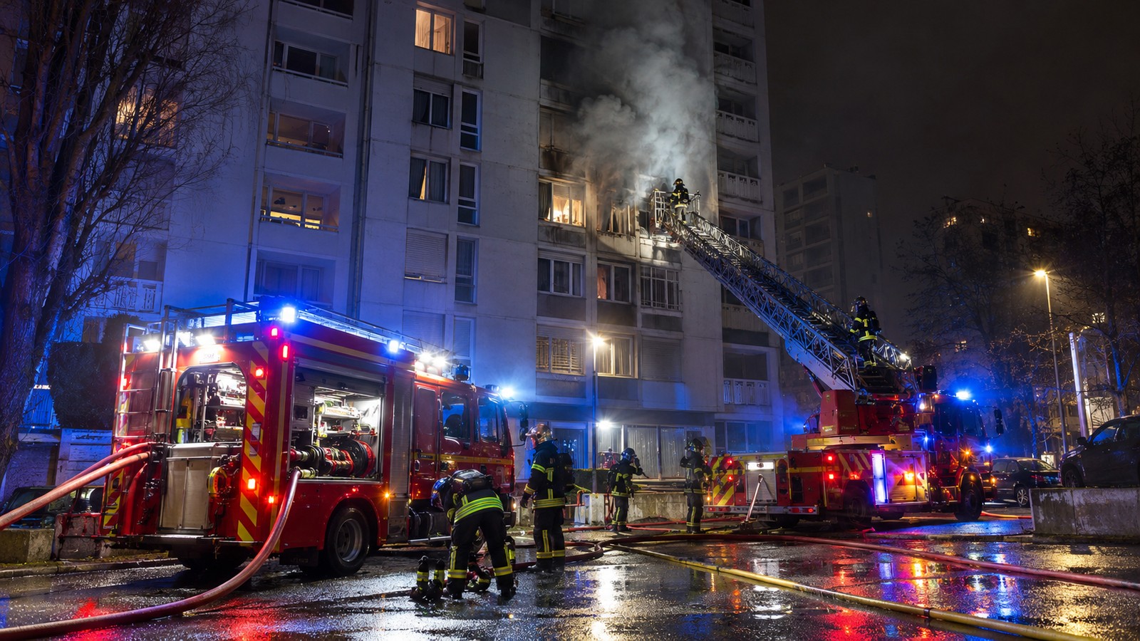 Sapeurs-pompiers en intervention de nuit sur un feu d'appartement dans un immeuble de dix étages (illustration)