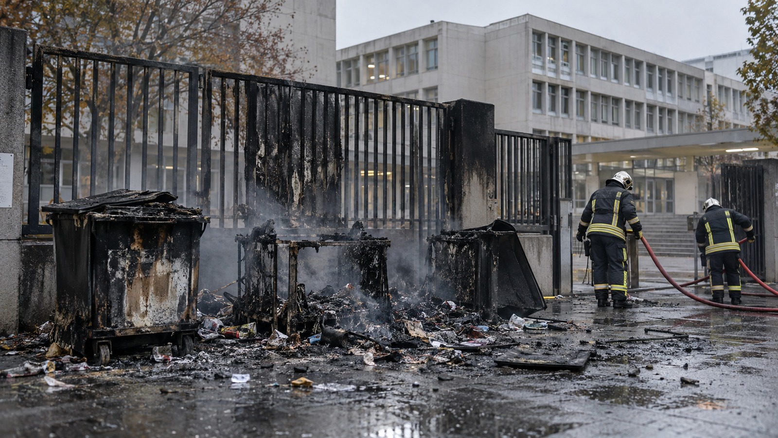 Conteneurs à ordures calcinés devant le portail noirci d'un lycée, deux sapeurs-pompiers en intervention