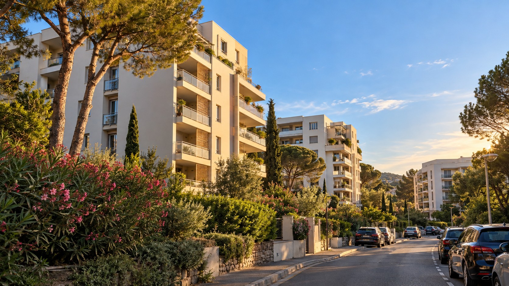 Résidences de logements collectifs dans une ville du sud de la France en fin de journée