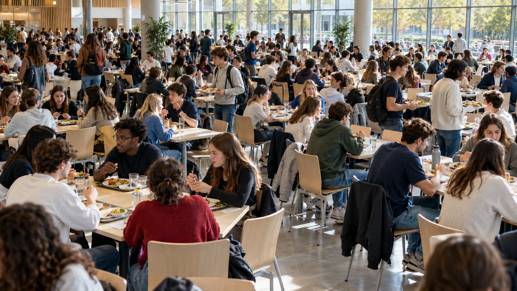Salle d'un restaurant universitaire bondée à l'heure du déjeuner