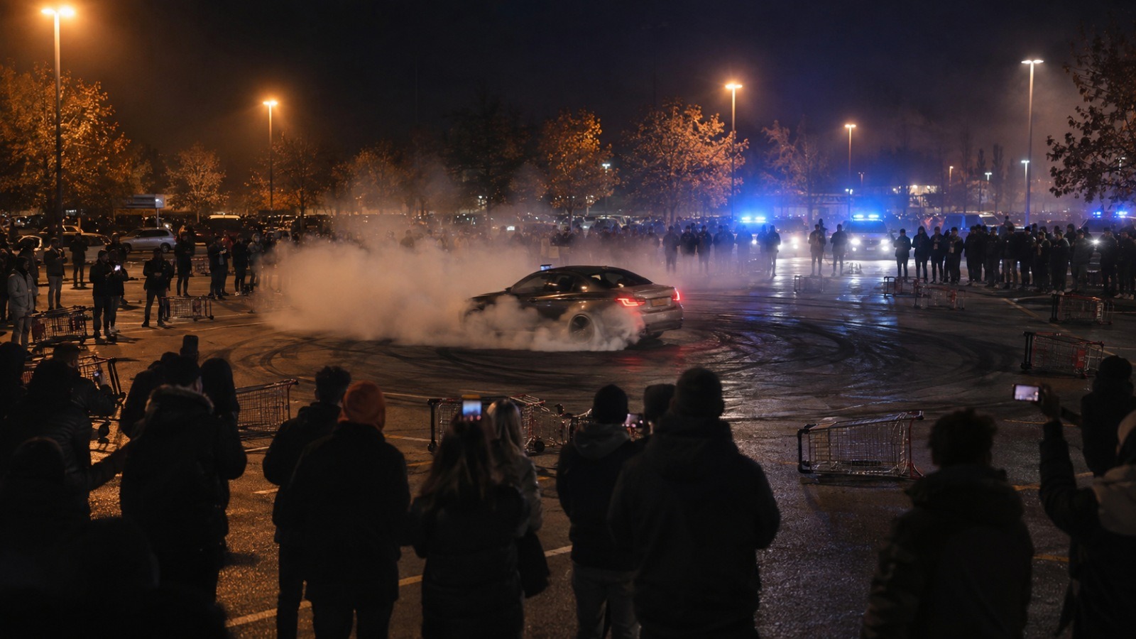 Voiture en dérapage entourée de spectateurs sur un parking de centre commercial la nuit