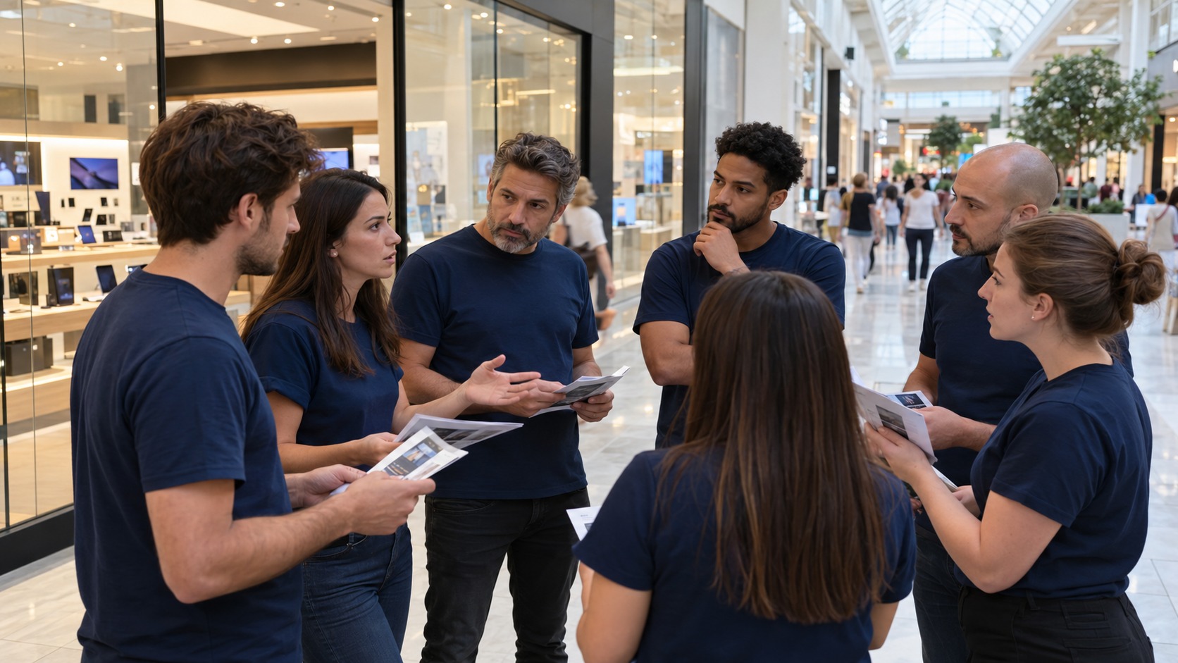 Des salariés en t-shirt bleu marine discutent avec des tracts dans la galerie d'un centre commercial