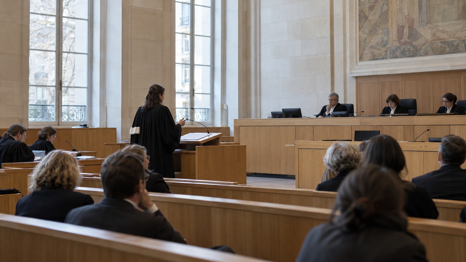 Salle d'audience d'un tribunal administratif, une avocate plaide à la barre devant les magistrats