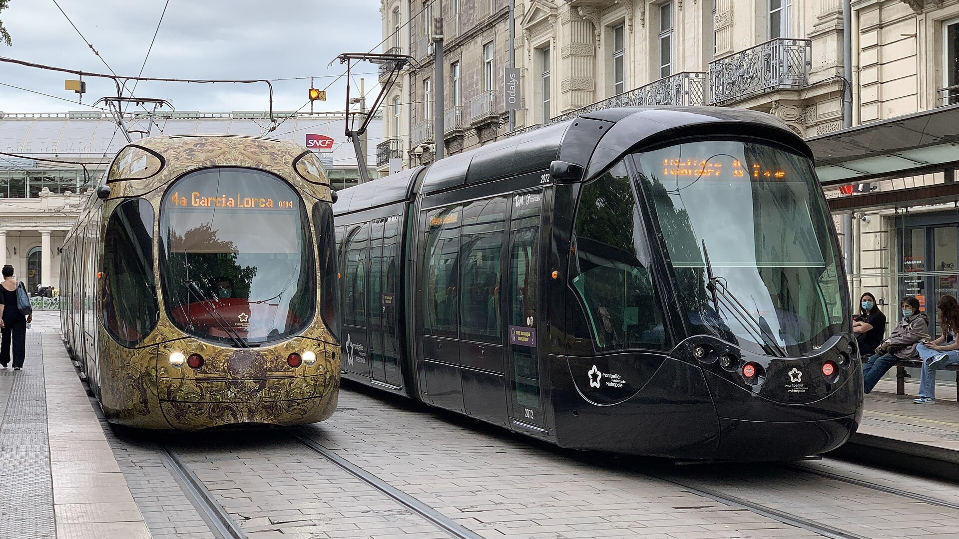 Rames des lignes 3 et 4 du tramway de Montpellier à la station Gare Saint-Roch