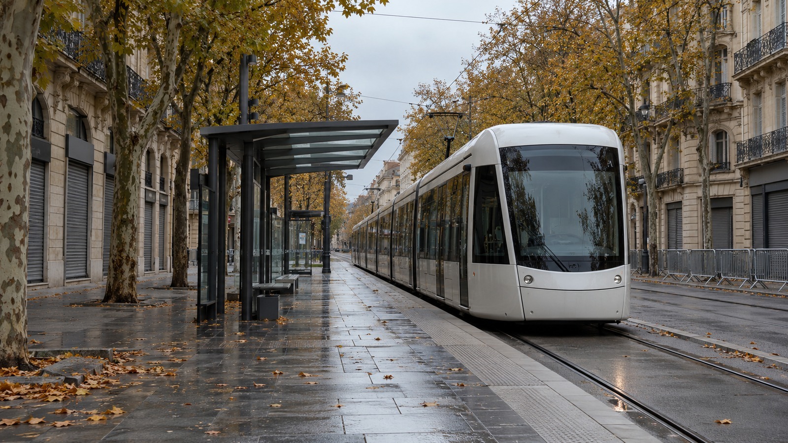 Rame de tramway à l'arrêt le long d'un quai désert dans un centre-ville aux rideaux baissés