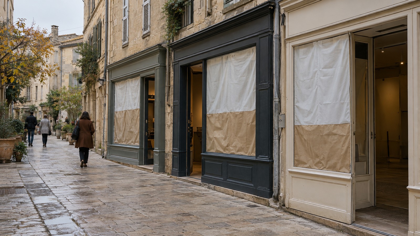 Vitrines de boutiques recouvertes de papier et de draps dans une rue du centre historique
